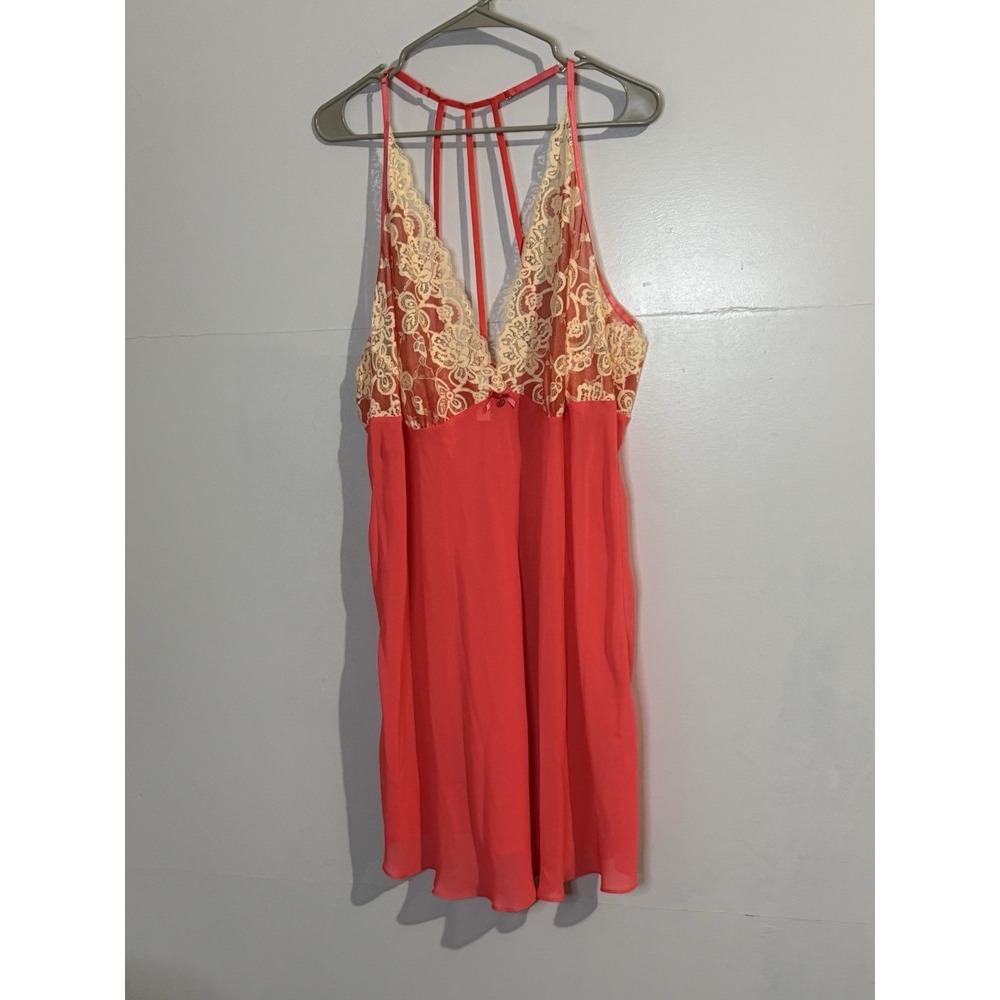 Cacique Women Coral Pink Lace Teddy Babydoll‎ Chemise Slip Dress Plus Size 22/24